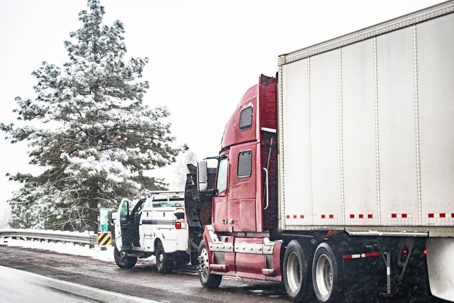 Heavy duty transport truck broken down in the winter